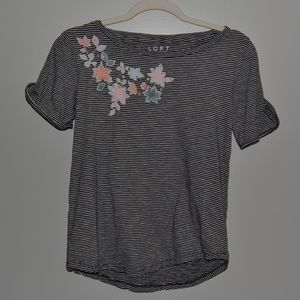 LOFT Striped Black and White Flower Embroidery